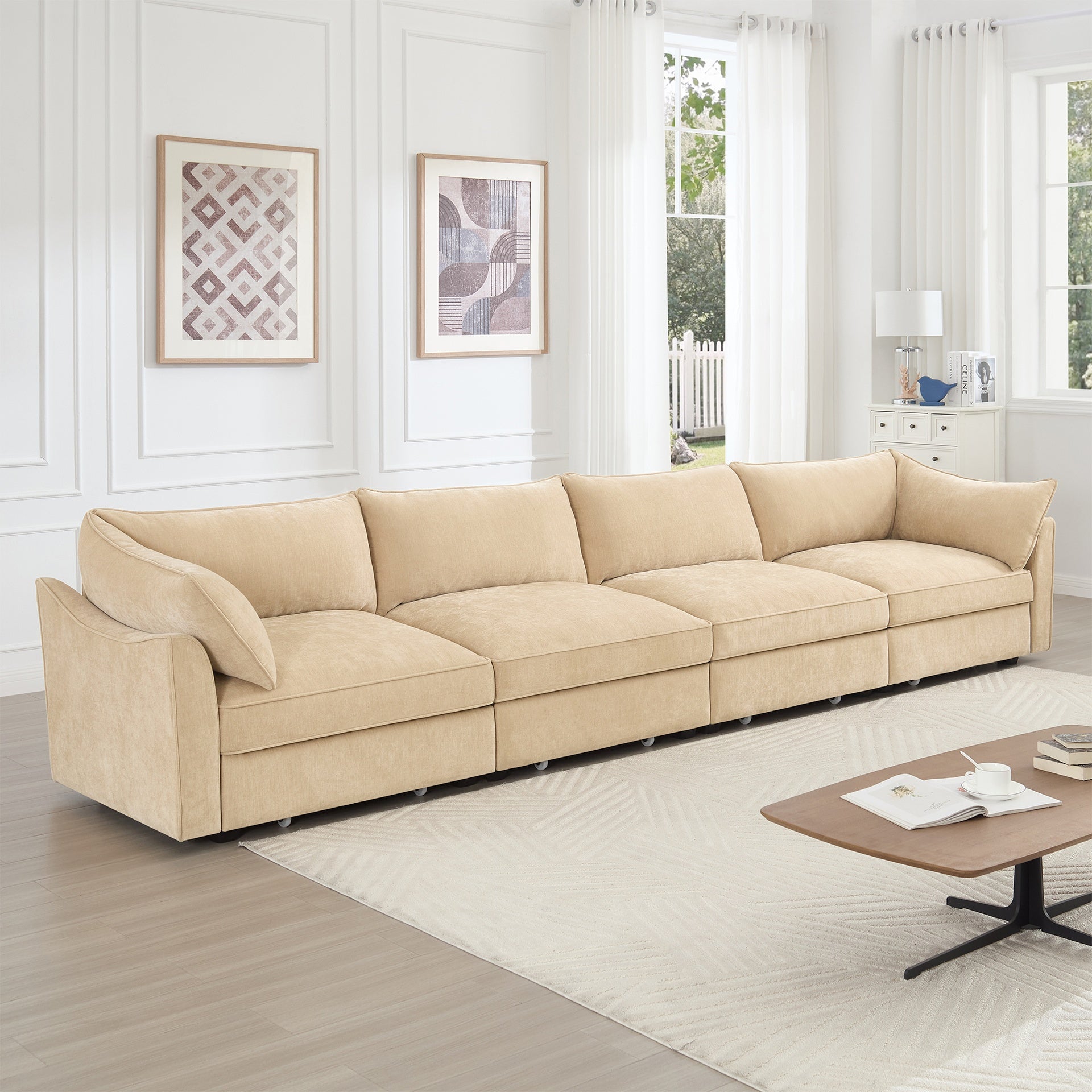 4-seater sofa, with a pull-out drawer under each seat, designed with crescent-shaped armrests, and equipped with wraparound back and arm cushions, chenille fabric, wheat colour.