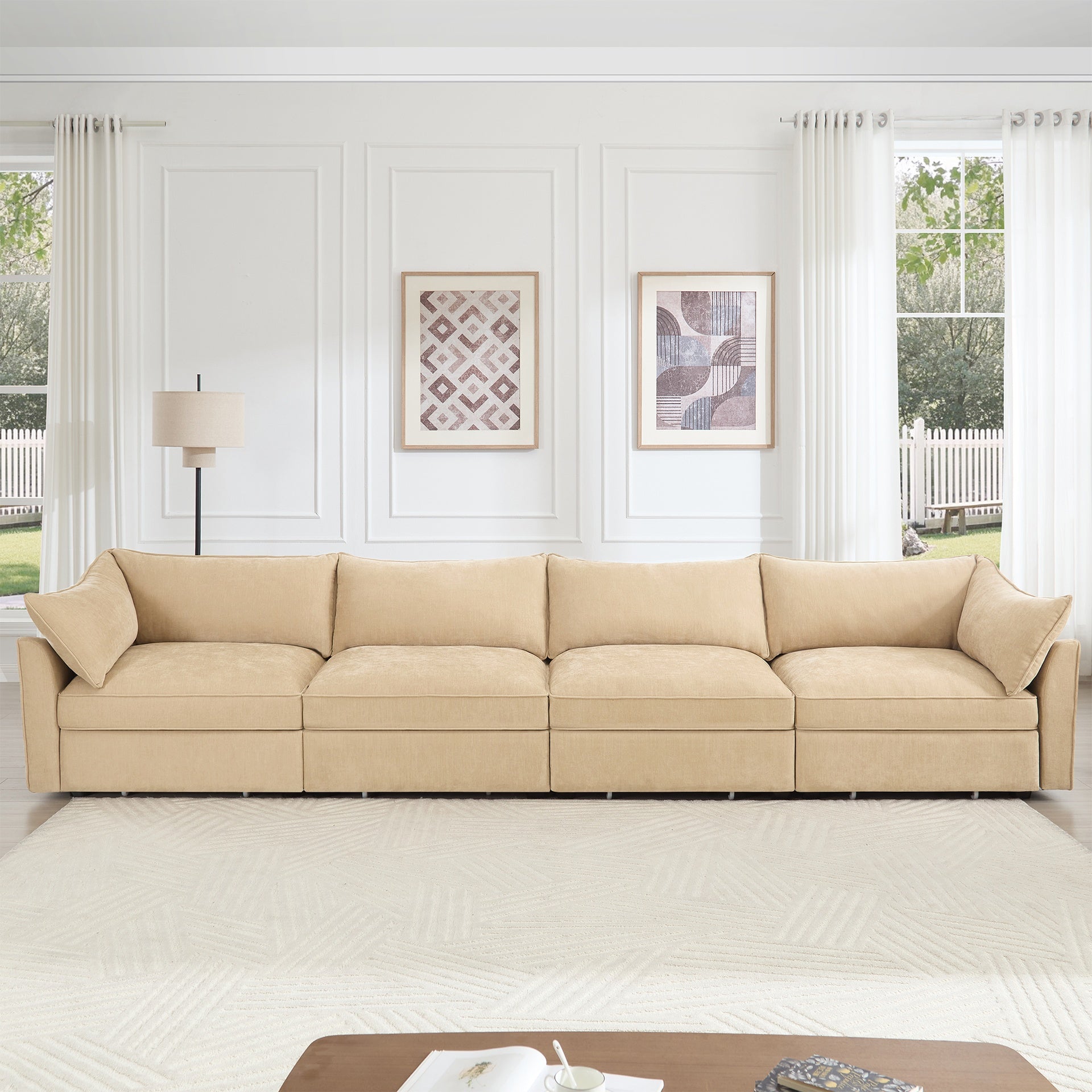 4-seater sofa, with a pull-out drawer under each seat, designed with crescent-shaped armrests, and equipped with wraparound back and arm cushions, chenille fabric, wheat colour.