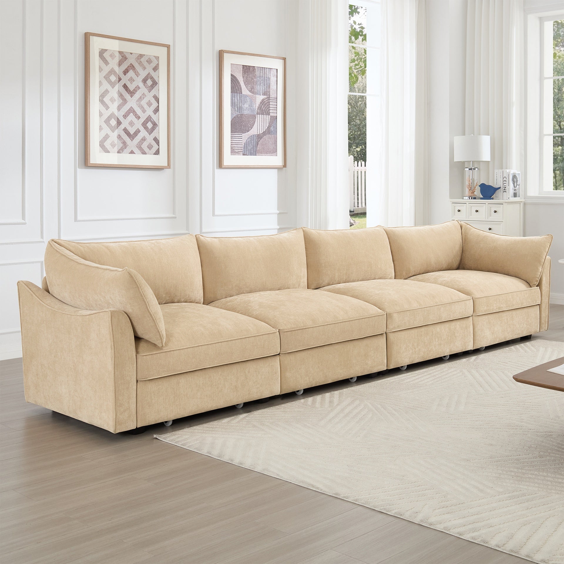 4-seater sofa, with a pull-out drawer under each seat, designed with crescent-shaped armrests, and equipped with wraparound back and arm cushions, chenille fabric, wheat colour.