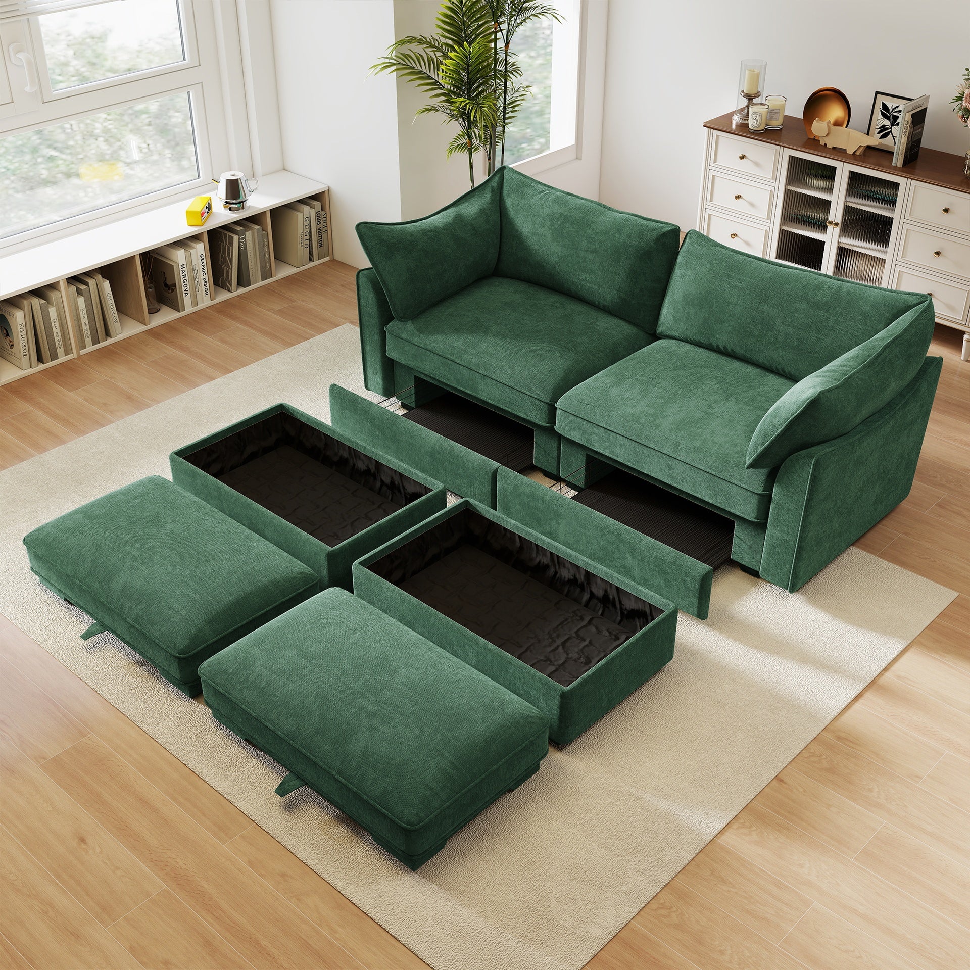 2 Seater Sofa With Footrest , 2-Seat Sofa with 2 Movable Ottoman,  Pull out Storage Drawer Under Each Seat,Chenille Green