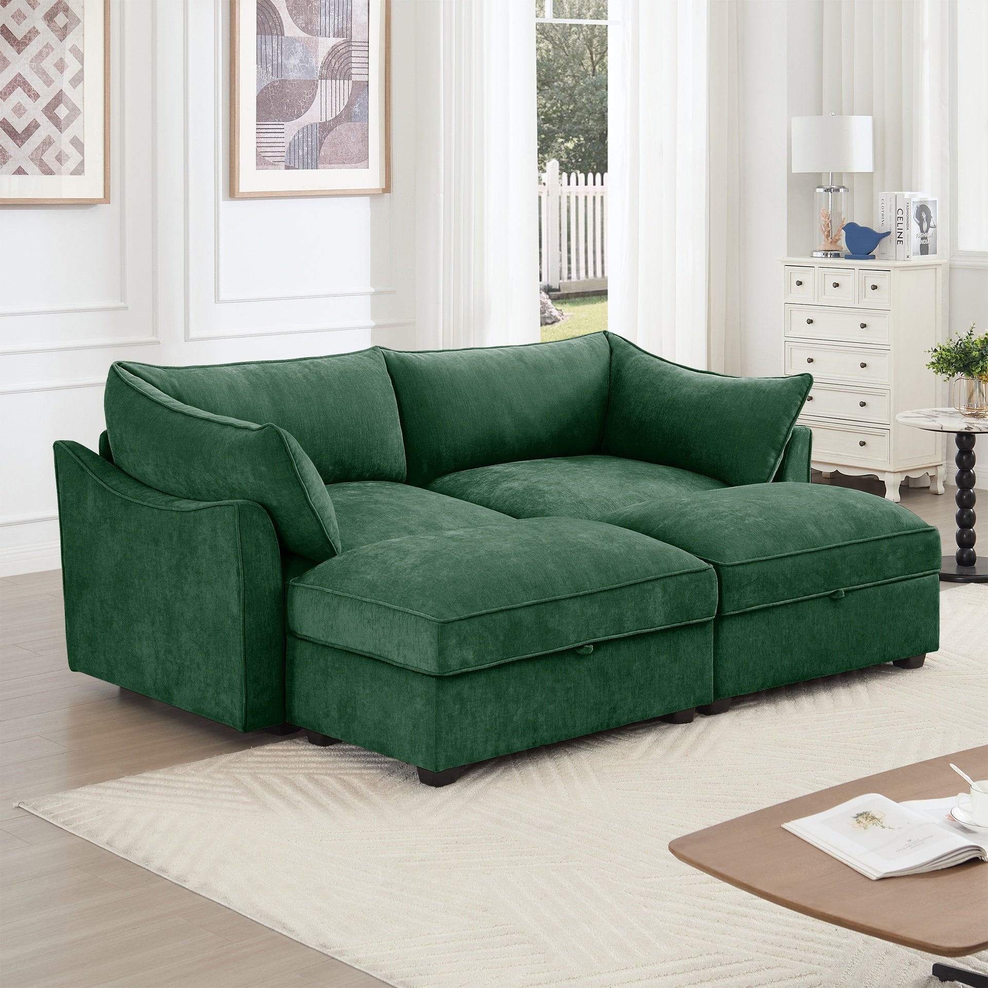 2 Seater Sofa With Footrest , 2-Seat Sofa with 2 Movable Ottoman,  Pull out Storage Drawer Under Each Seat,Chenille Green