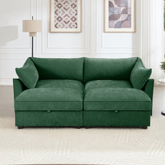 2 Seater Sofa With Footrest , 2-Seat Sofa with 2 Movable Ottoman,  Pull out Storage Drawer Under Each Seat,Chenille Green