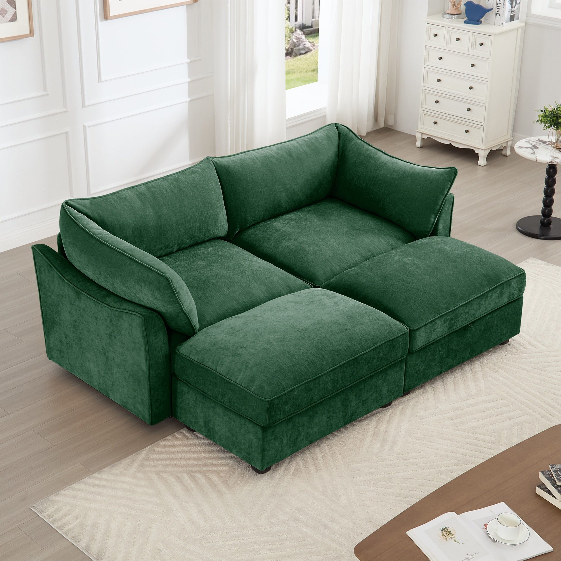 2 Seater Sofa With Footrest , 2-Seat Sofa with 2 Movable Ottoman,  Pull out Storage Drawer Under Each Seat,Chenille Green