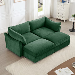 2 Seater Sofa With Footrest , 2-Seat Sofa with 2 Movable Ottoman,  Pull out Storage Drawer Under Each Seat,Chenille Green
