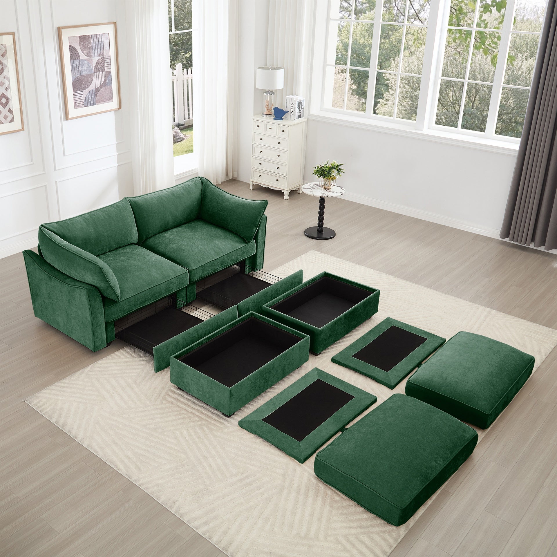 2 Seater Sofa With Footrest , 2-Seat Sofa with 2 Movable Ottoman,  Pull out Storage Drawer Under Each Seat,Chenille Green