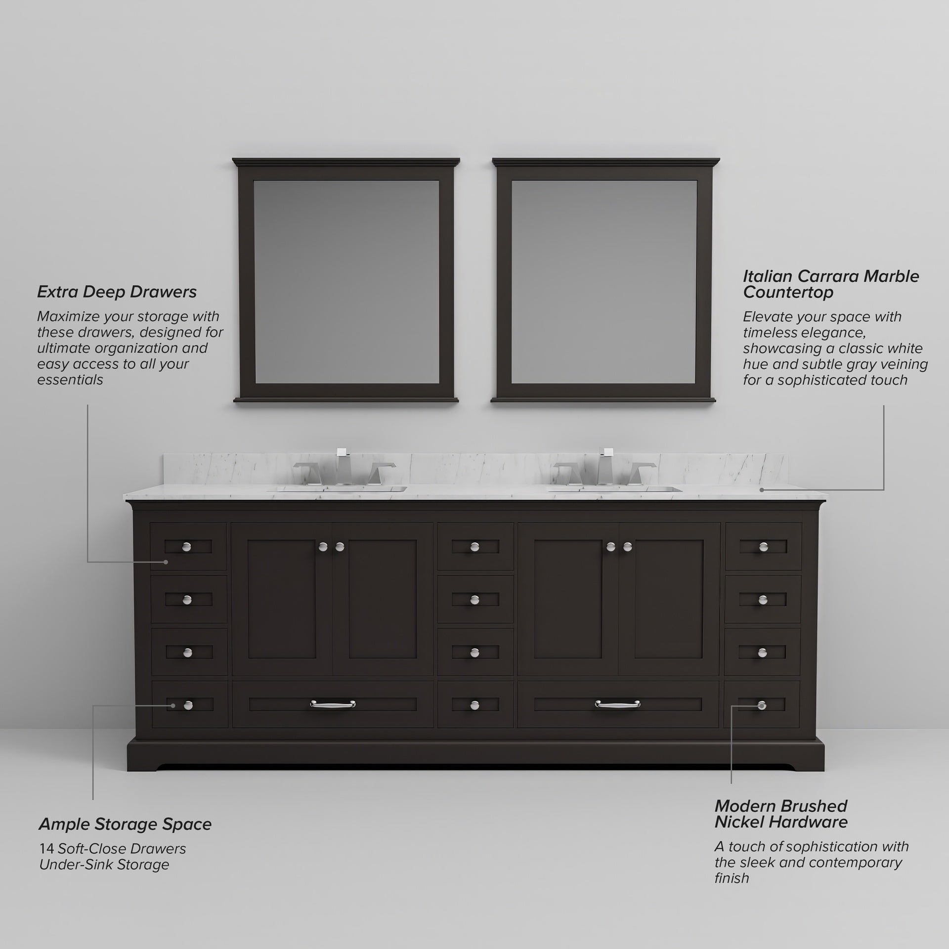 Espresso Double Bath Vanity 84 in. W x 22 in. D, and 34 in. Mirrors