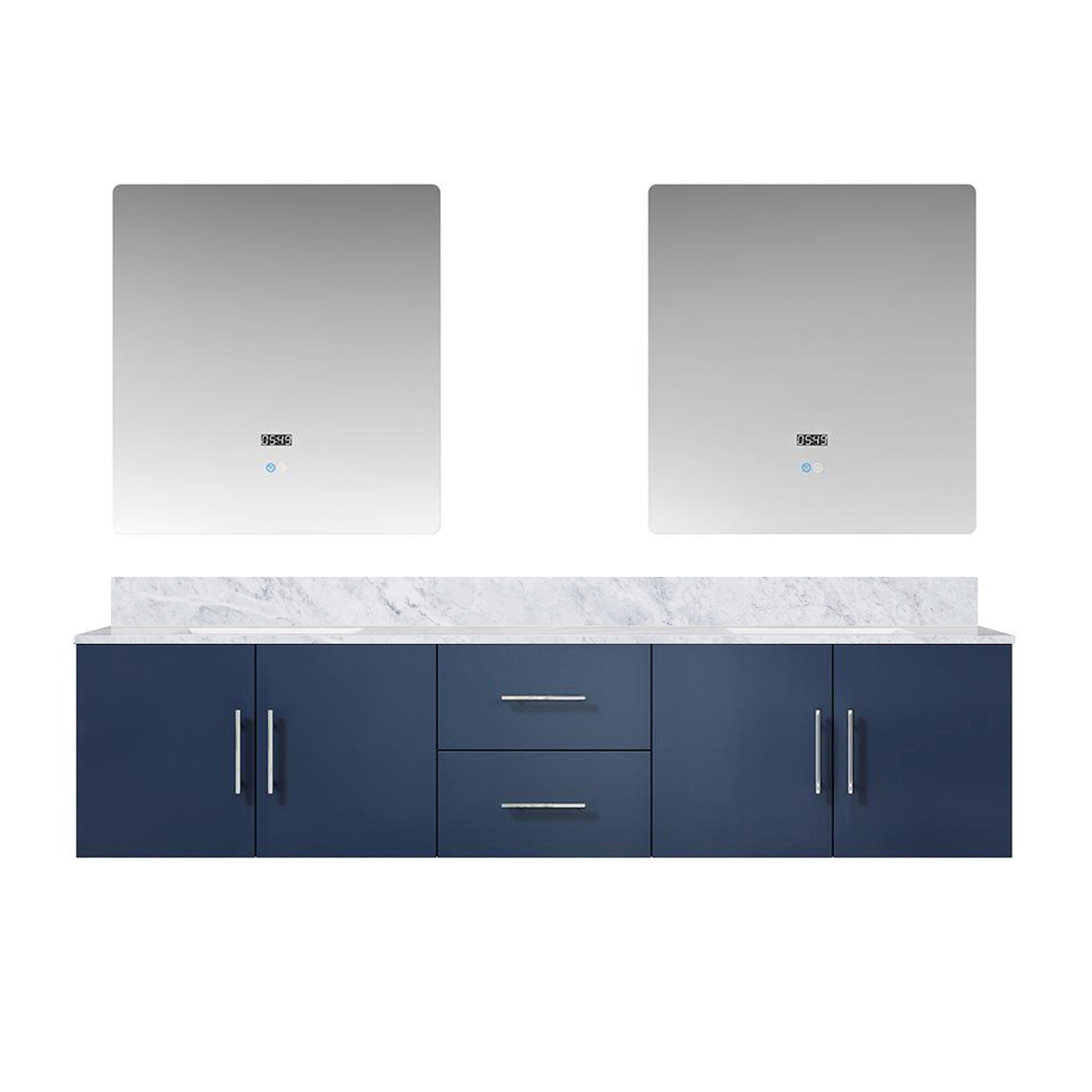 Navy Blue Double Bath Vanity 80 in. W x 22 in. D, Carrara Marble Top, and 30 in. LED Mirrors