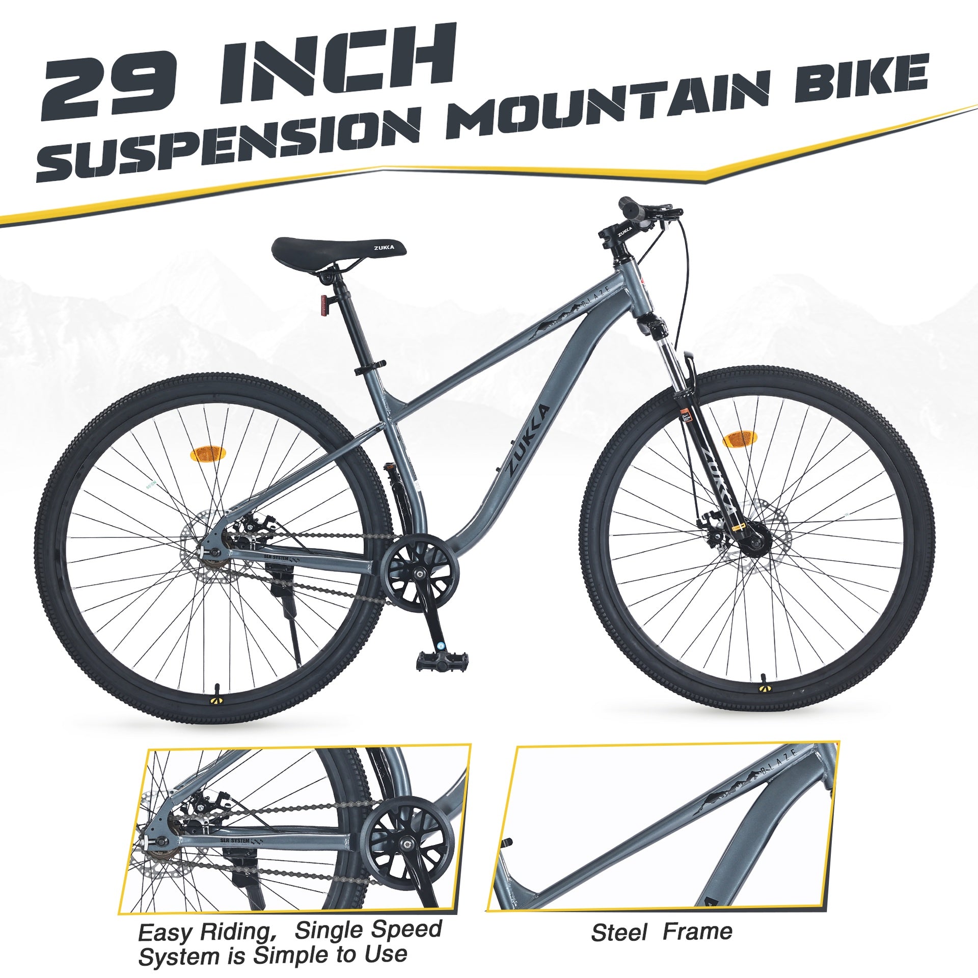 29 Inch Wheels Single Speed Mountain Bike, for Men Women Boys and Girls, Front Suspension, Steel Frame