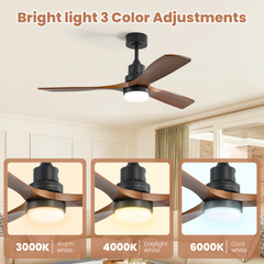 52 Inch Smart Ceiling Fan with LED 18W Triple Color Dimmable Memory Lighting 3 Walnut Finish Blades and DC Motor