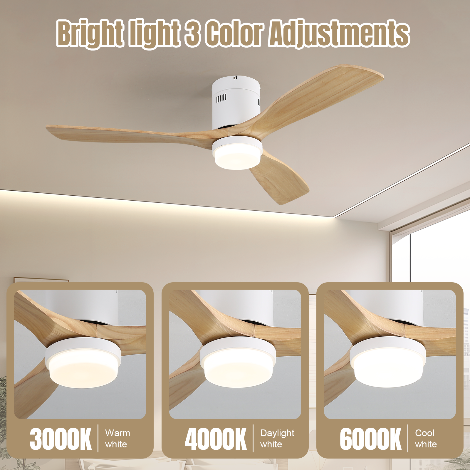 52 Inch Decorative Smart Ceiling Fan With 6 Speed Remote White 3 Solid Wood Blades Reversible DC Motor For Living Room