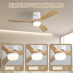52 Inch Decorative Smart Ceiling Fan With 6 Speed Remote White 3 Solid Wood Blades Reversible DC Motor For Living Room