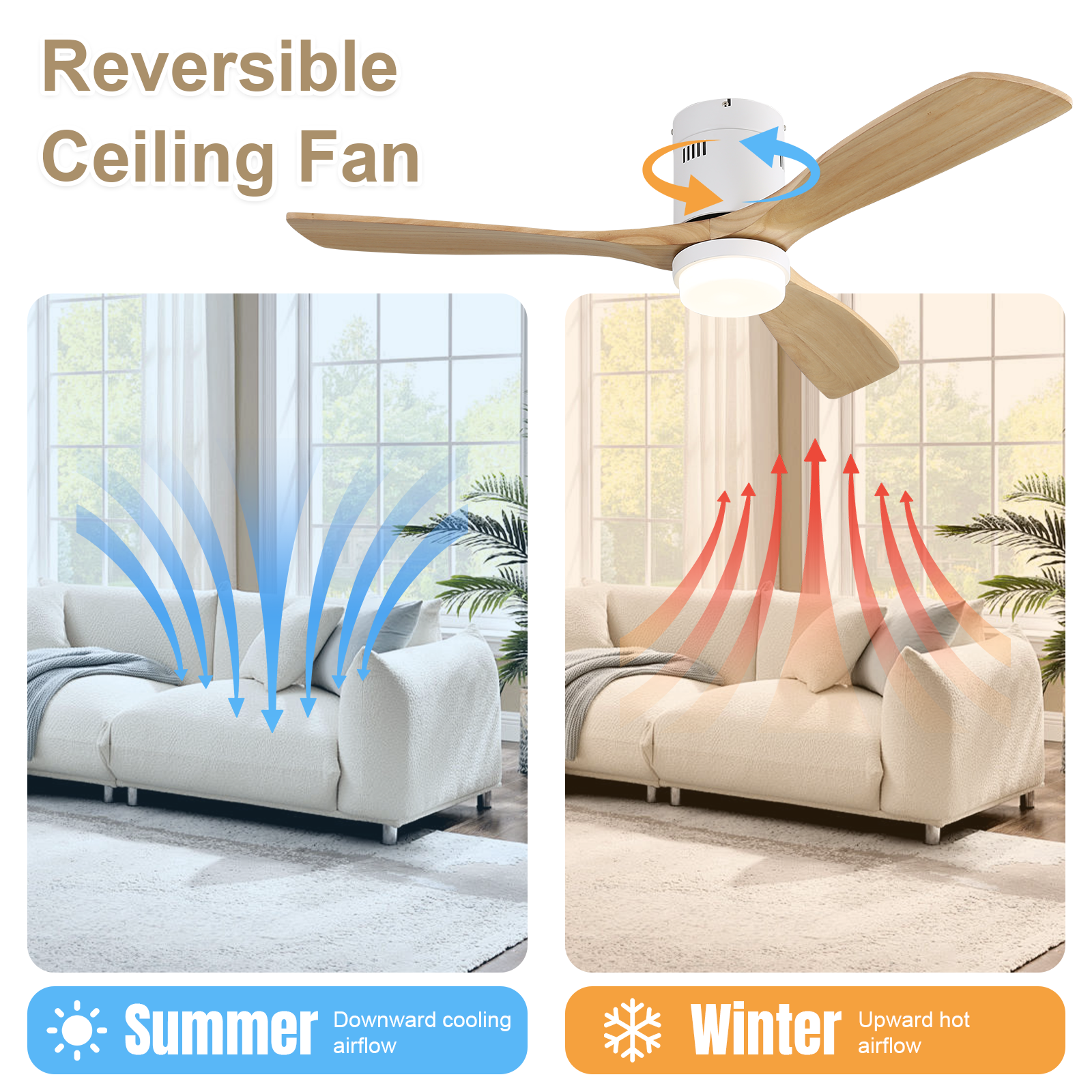 52 Inch Decorative Smart Ceiling Fan With 6 Speed Remote White 3 Solid Wood Blades Reversible DC Motor For Living Room