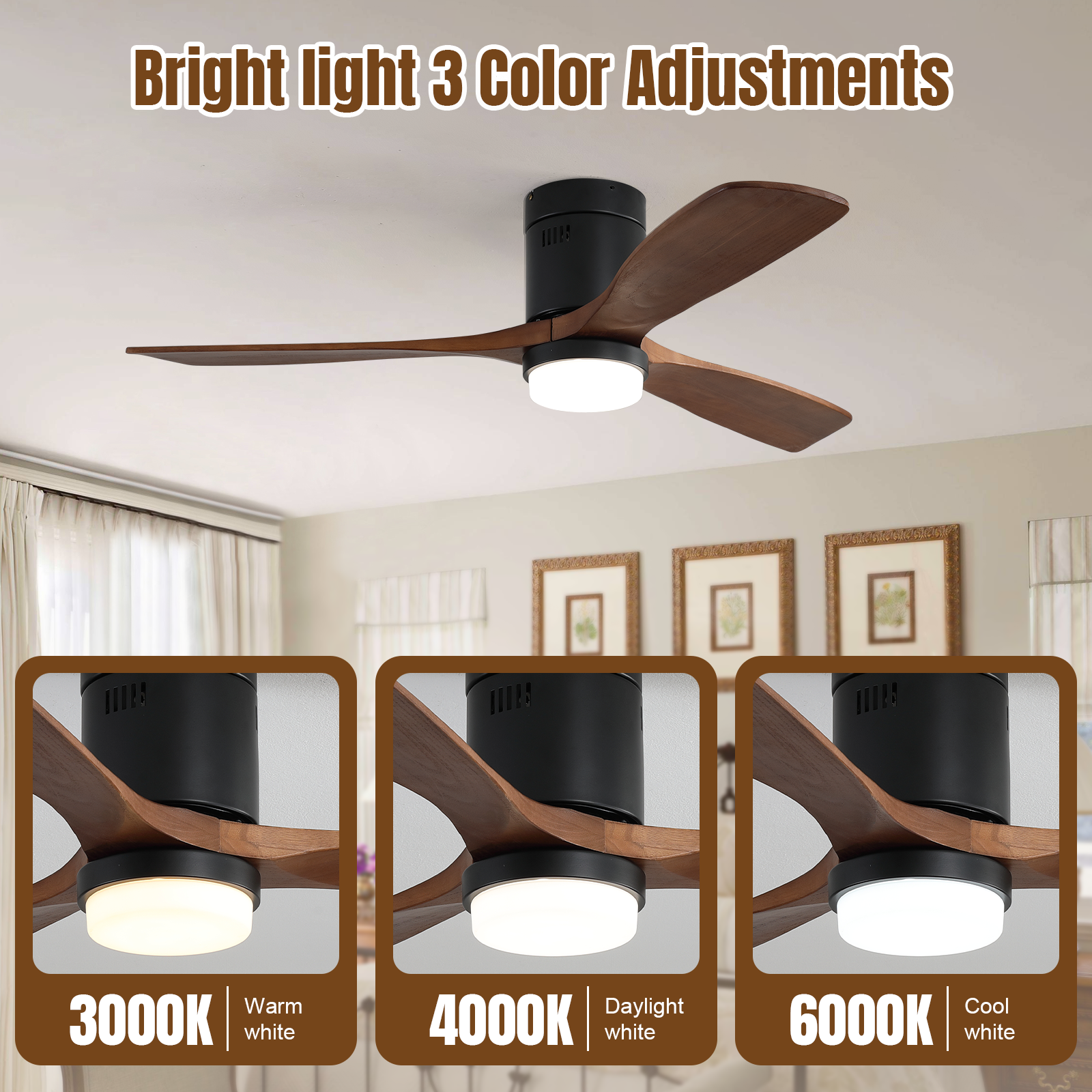 52 Inch Ceiling Fan With Lights 3 Solid Wood Fan Blade Noiseless Reversible Motor Smart Remote Control