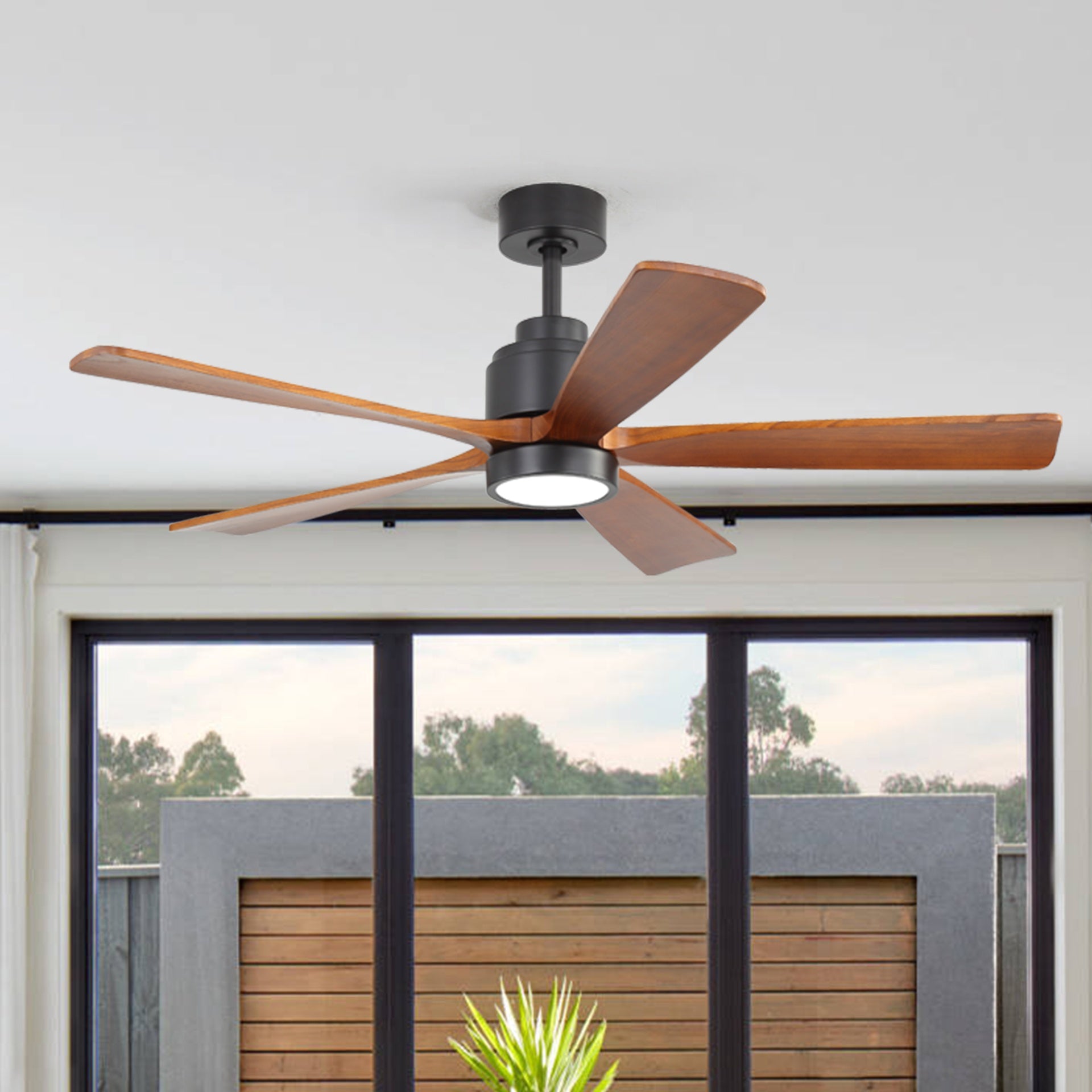 52 Inch Matte Black Ceiling Fan with Walnut Blades 18W Three Color Dimmable Light Memory Function & Reversible Motor