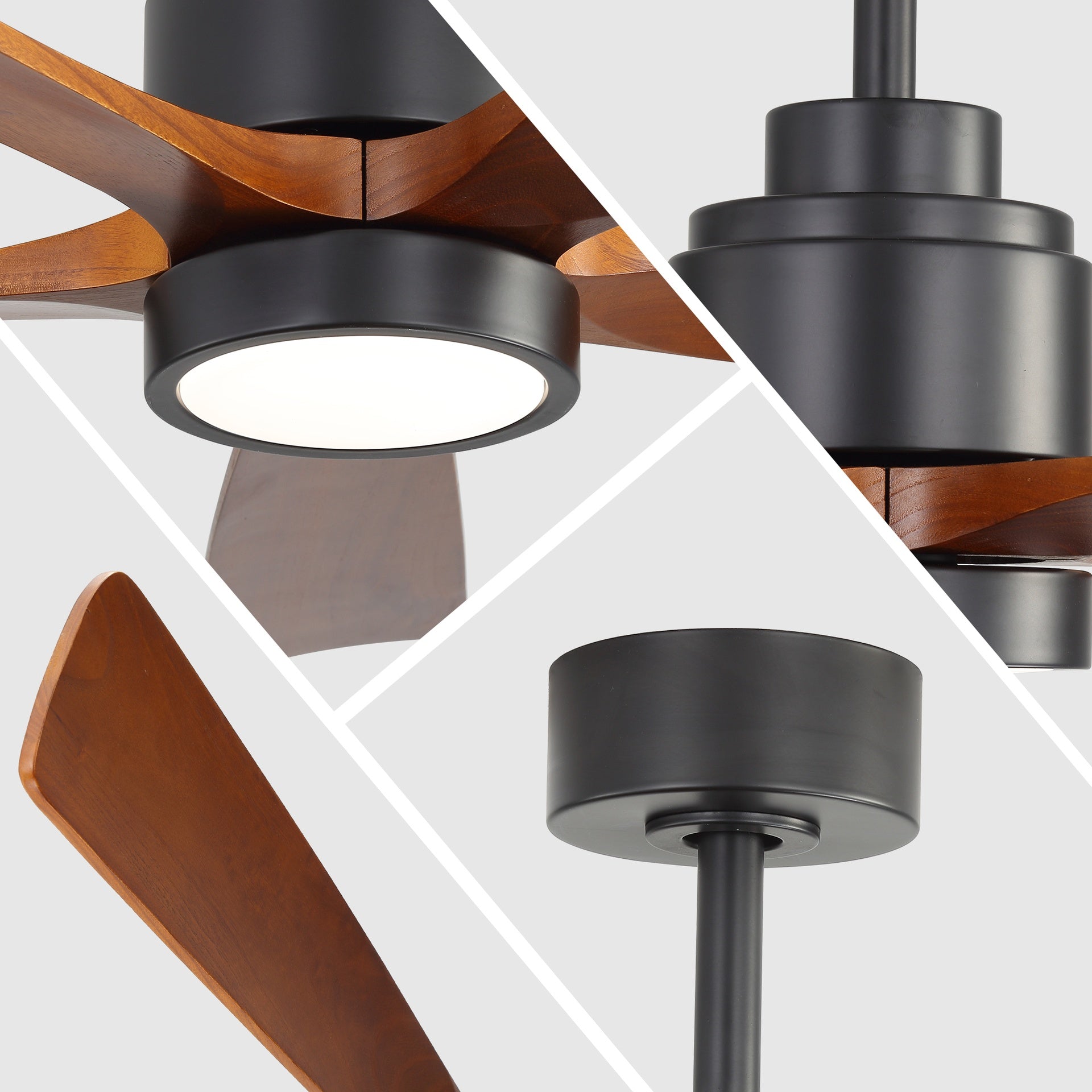 52 Inch Matte Black Ceiling Fan with Walnut Blades 18W Three Color Dimmable Light Memory Function & Reversible Motor