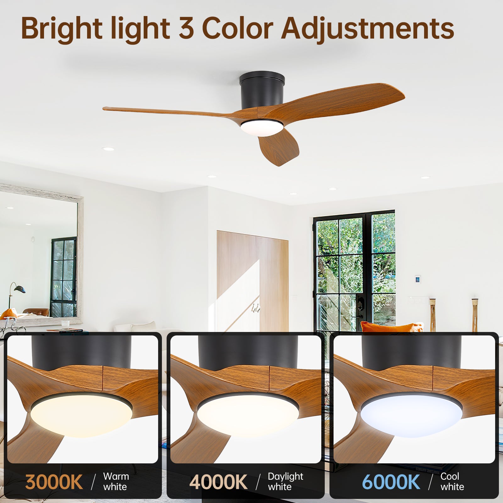 52 Inch Modern Flush Mount Ceiling Fan with LED Light 6 Wind Speeds ABS Fan Blades Reversible DC Motor