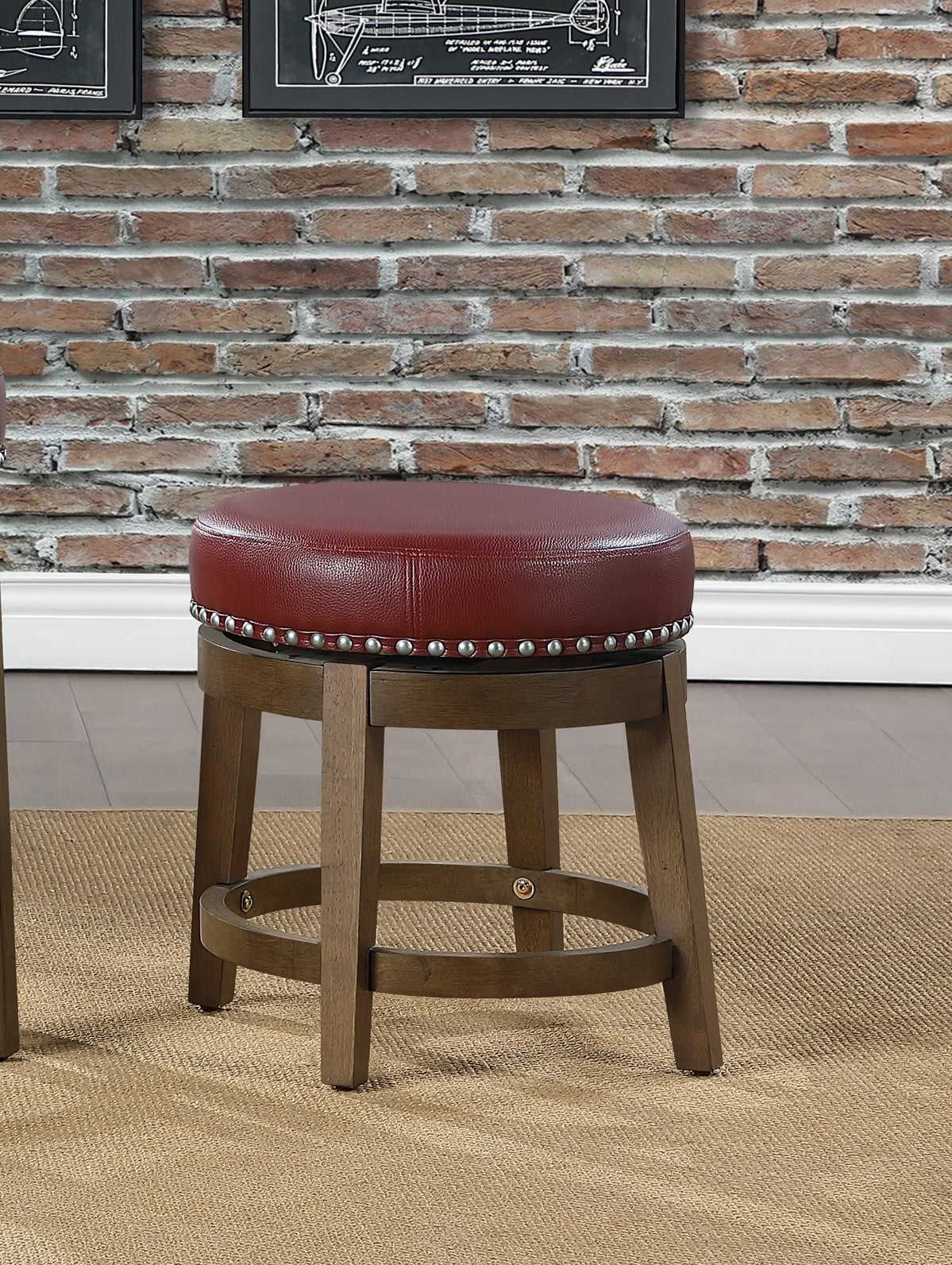 Round Swivel Stools Set of 2, Red Faux Leather 360-degree Swivel Seat Nailhead Trim Solid Wood Frame Brown Finish Furniture
