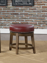 Round Swivel Stools Set of 2, Red Faux Leather 360-degree Swivel Seat Nailhead Trim Solid Wood Frame Brown Finish Furniture
