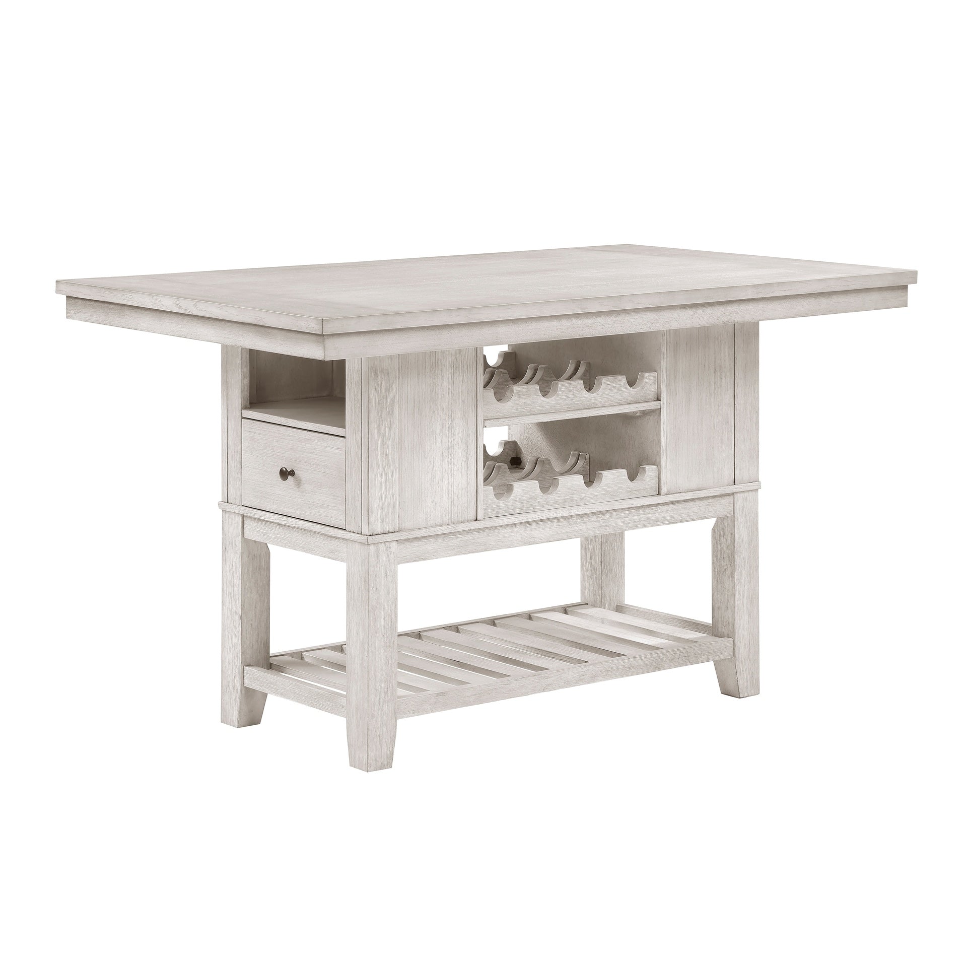 6pc Counter Height Dining Set Antique White Finish Table with Storage Drawers Wine-Rack Shelves Bench 4x Chairs Upholstered Seat Furniture