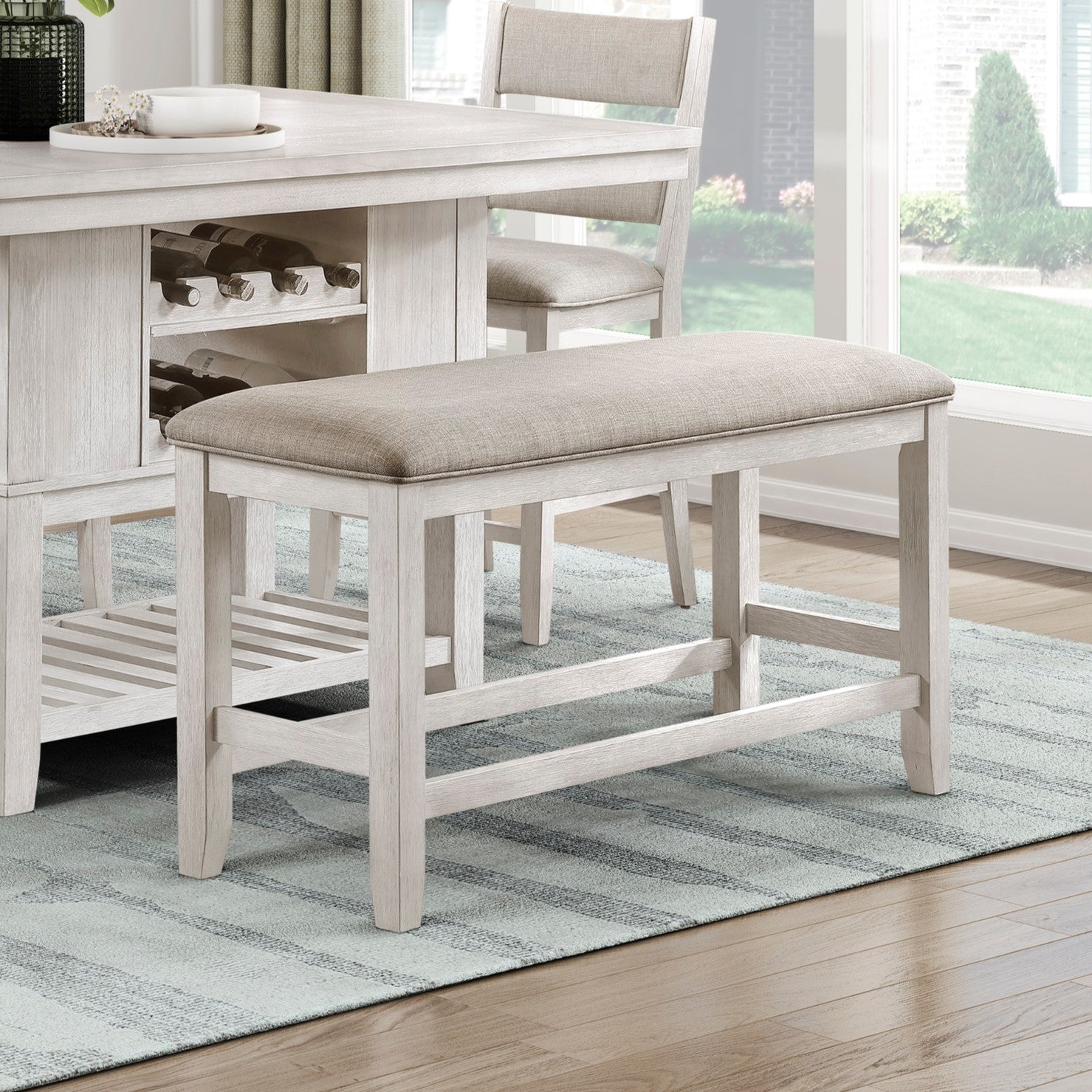 6pc Counter Height Dining Set Antique White Finish Table with Storage Drawers Wine-Rack Shelves Bench 4x Chairs Upholstered Seat Furniture