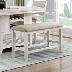 6pc Counter Height Dining Set Antique White Finish Table with Storage Drawers Wine-Rack Shelves Bench 4x Chairs Upholstered Seat Furniture