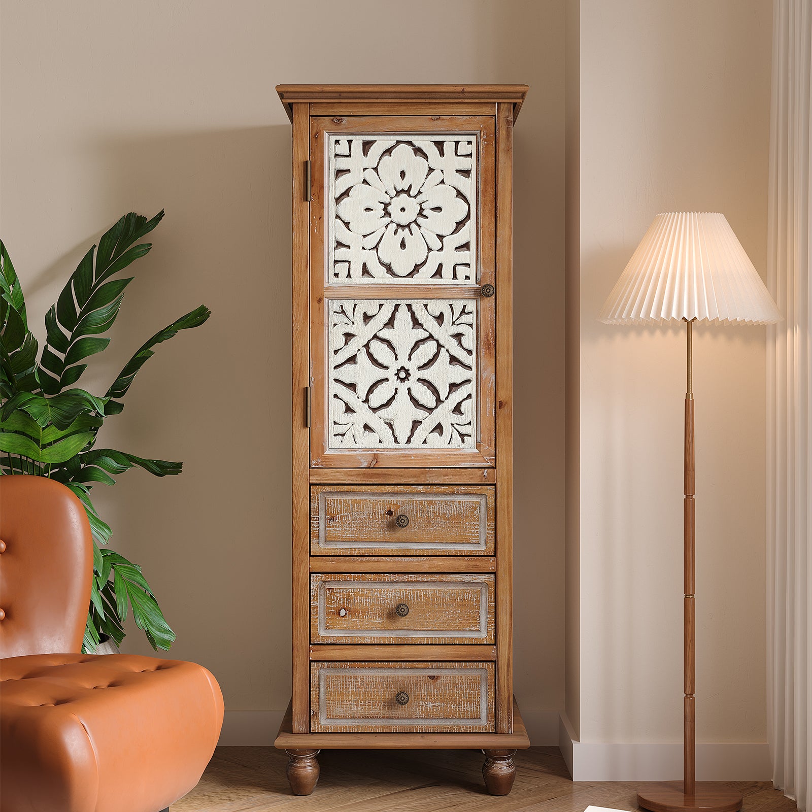 Rustic Wooden Storage Cabinet with Decorative Cutout Door & 3 Drawers, Tall Narrow Organizer for Living Room, Bedroom