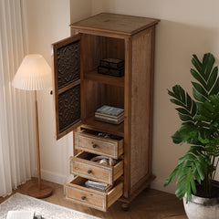 Rustic Wooden Storage Cabinet with Decorative Cutout Door & 3 Drawers, Tall Narrow Organizer for Living Room, Bedroom
