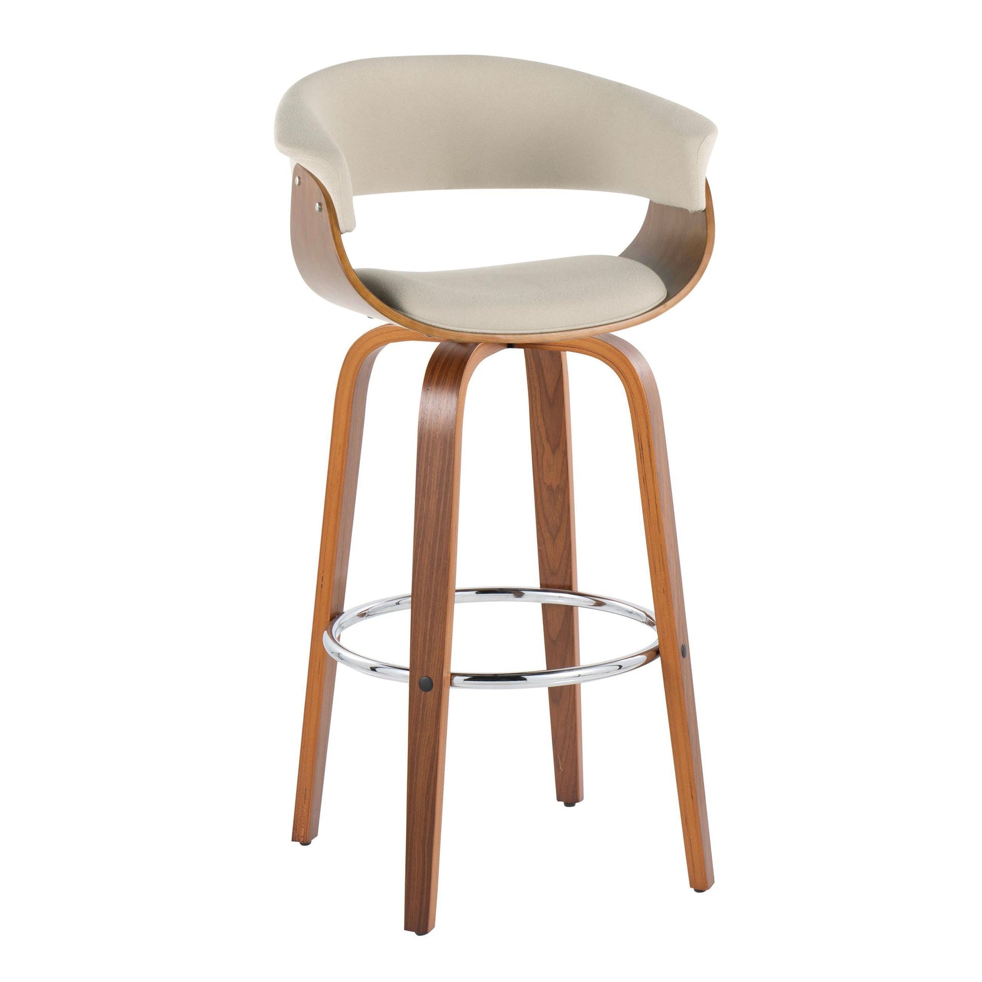 Vintage Mod 30" Mid-Century Modern Fixed-Height Barstool  with Swivel in Walnut Wood and Cream Fabric with Round Chrome Metal Footrest by LumiSource - Set of 2