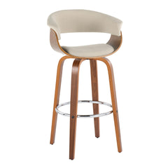 Vintage Mod 30" Mid-Century Modern Fixed-Height Barstool  with Swivel in Walnut Wood and Cream Fabric with Round Chrome Metal Footrest by LumiSource - Set of 2