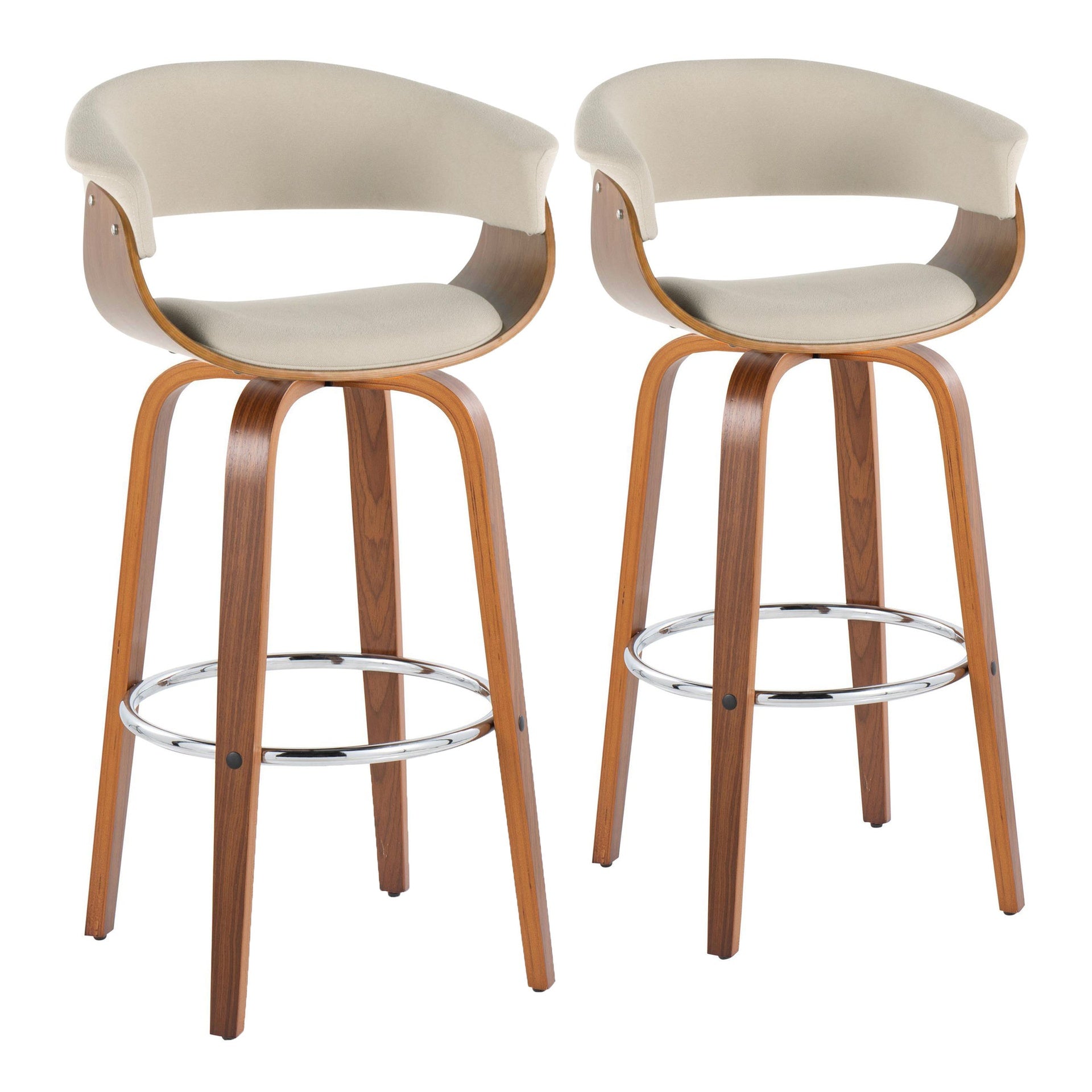 Vintage Mod 30" Mid-Century Modern Fixed-Height Barstool  with Swivel in Walnut Wood and Cream Fabric with Round Chrome Metal Footrest by LumiSource - Set of 2