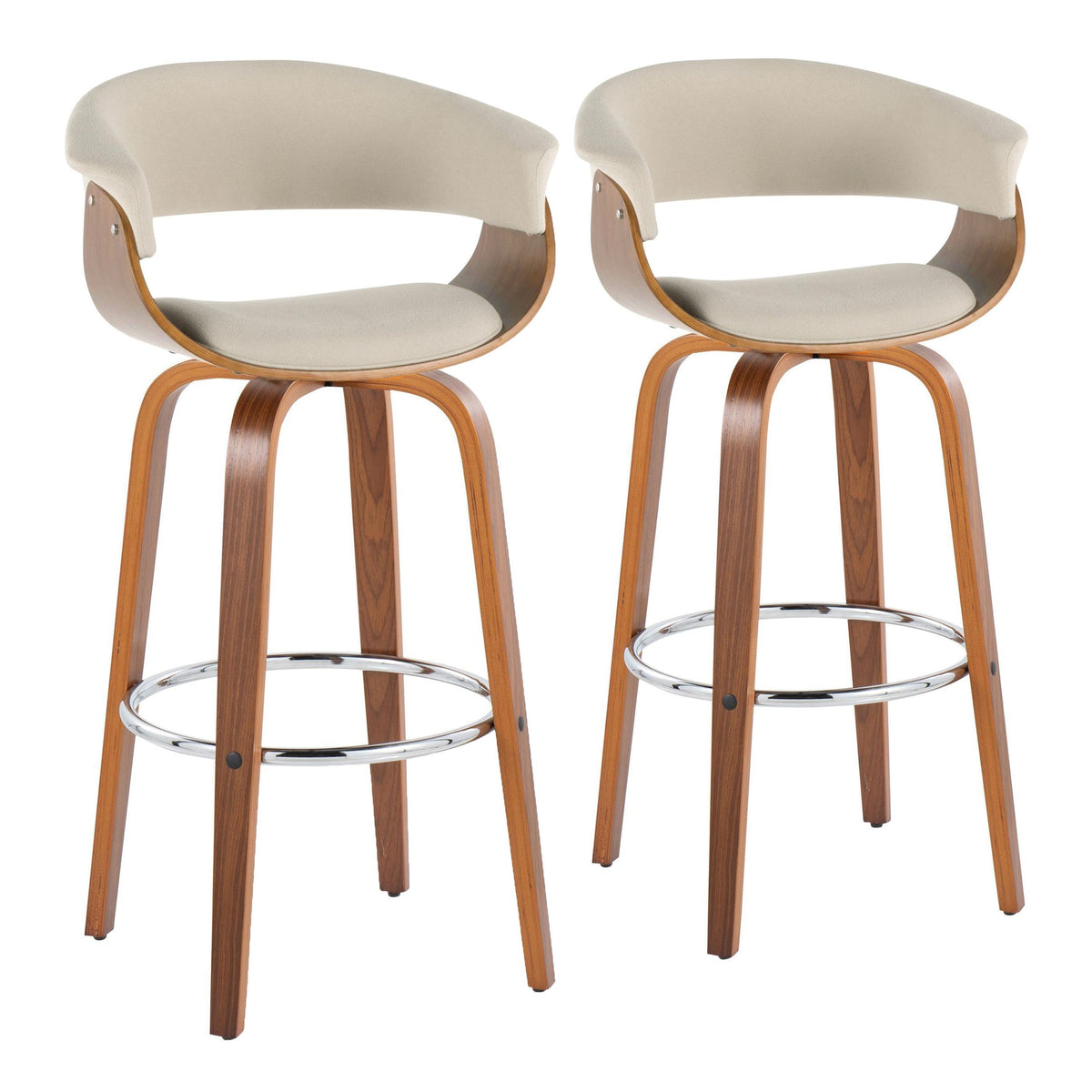 Vintage Mod 30" Mid-Century Modern Fixed-Height Barstool  with Swivel in Walnut Wood and Cream Fabric with Round Chrome Metal Footrest by LumiSource - Set of 2