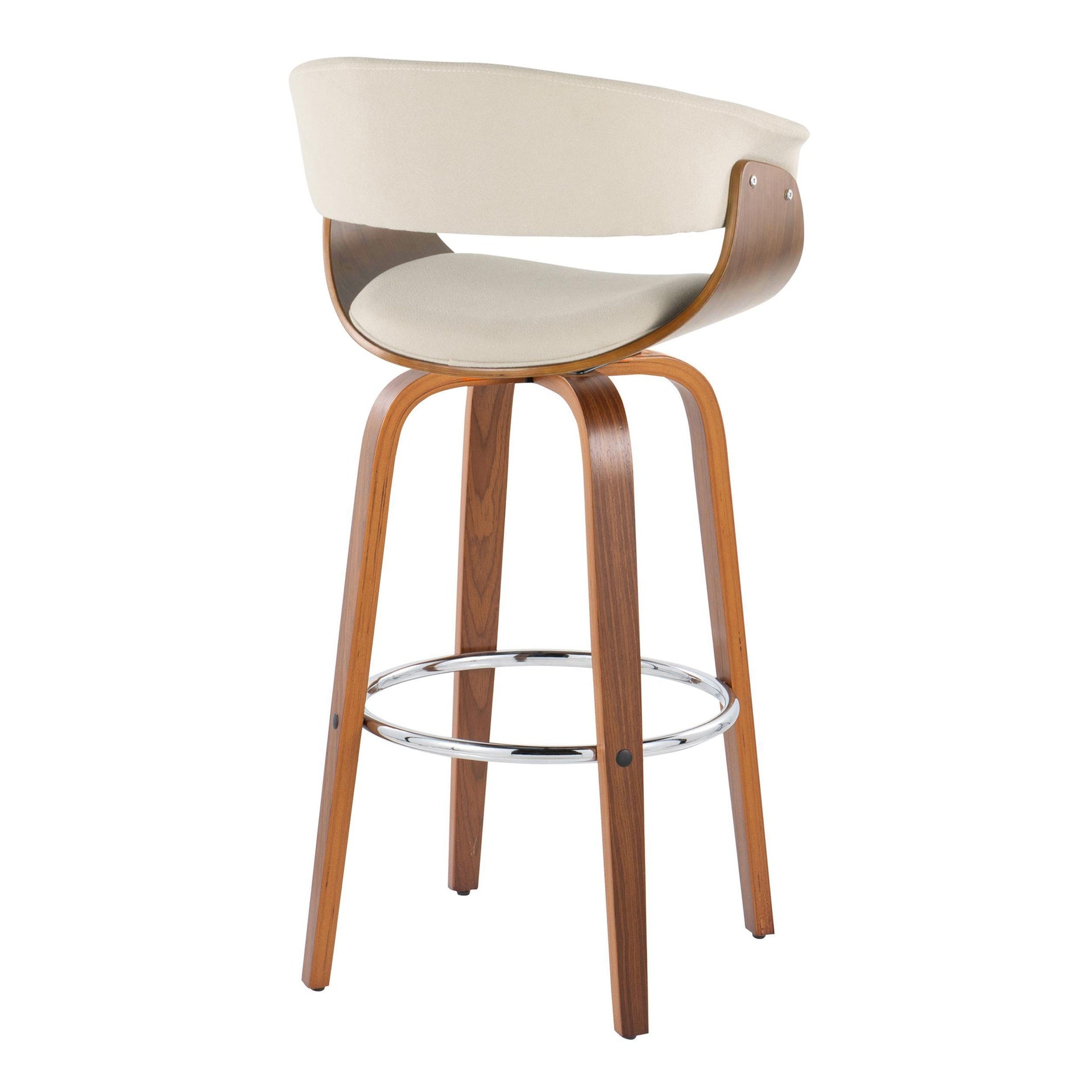 Vintage Mod 30" Mid-Century Modern Fixed-Height Barstool  with Swivel in Walnut Wood and Cream Fabric with Round Chrome Metal Footrest by LumiSource - Set of 2