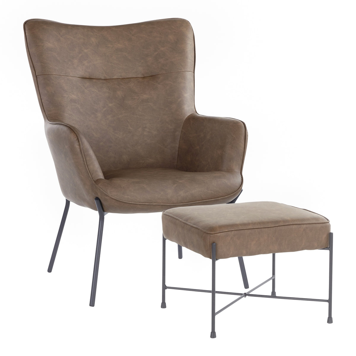 Izzy Industrial Lounge Chair and Ottoman Set in Black Metal and Espresso Faux Leather by LumiSource