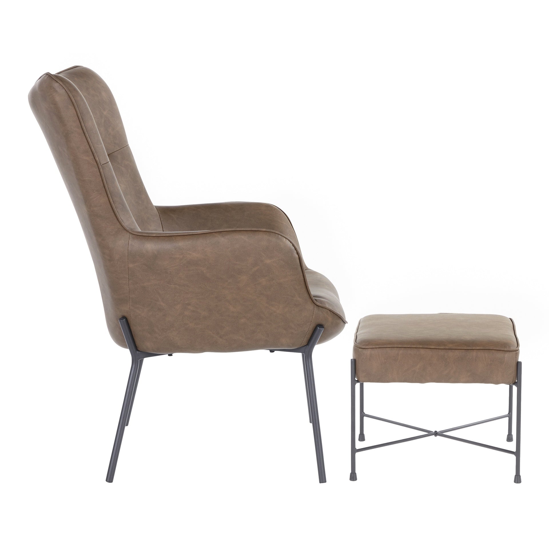 Izzy Industrial Lounge Chair and Ottoman Set in Black Metal and Espresso Faux Leather by LumiSource