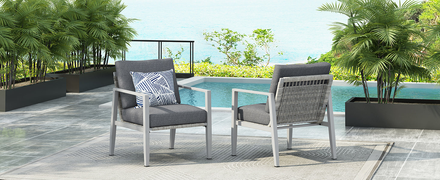 [Set of 2] Silver Aluminum Lounge Chair with Sleek Rope Accents and Comfortable Cushions, Perfect for Modern Outdoor and Indoor Spaces