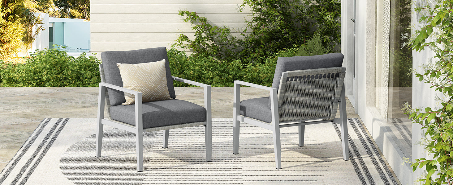 [Set of 2] Silver Aluminum Lounge Chair with Sleek Rope Accents and Comfortable Cushions, Perfect for Modern Outdoor and Indoor Spaces