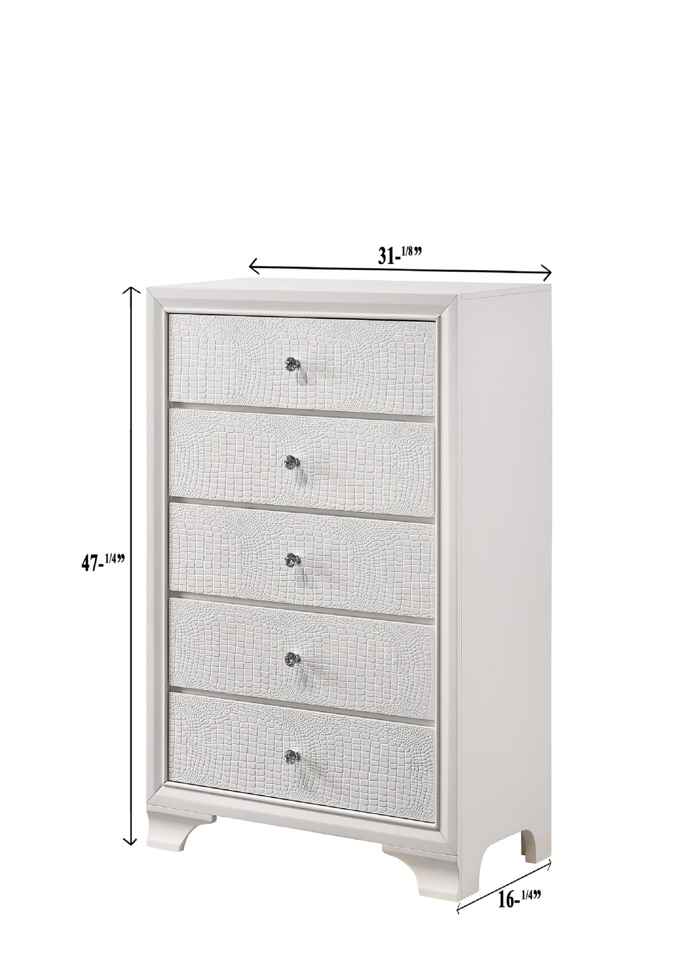 1pc Modern Glam Style White Frost Finish Glam Five Drawer Chest Embossed Crocodile Pattern Wooden Bedroom Furniture