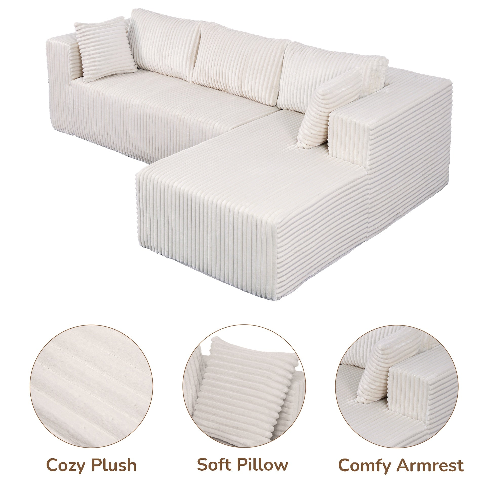 105" L-Shaped Modular Compression Sofa, Plush Upholstery, All-Foam Structure (No Springs), Vacuum-Packed, Space-Saving for Living Room, Bedroom, Apartment  (Left Chaise)