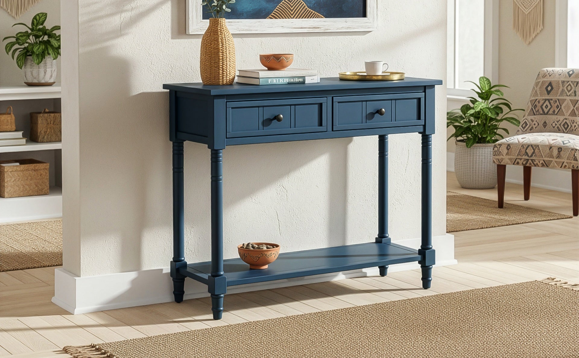 TREXM Daisy Series Console Table Traditional Design with Two Drawers and Bottom Shelf (Dark Navy)