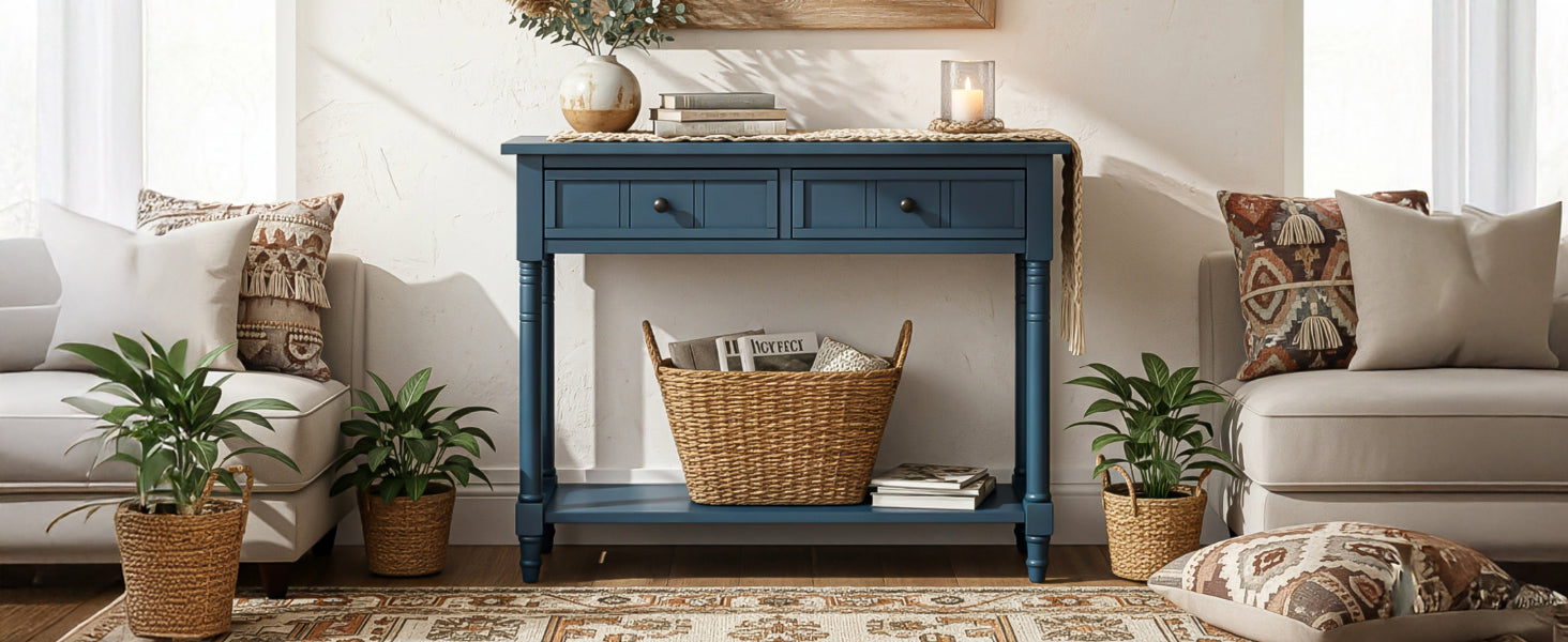 TREXM Daisy Series Console Table Traditional Design with Two Drawers and Bottom Shelf (Dark Navy)