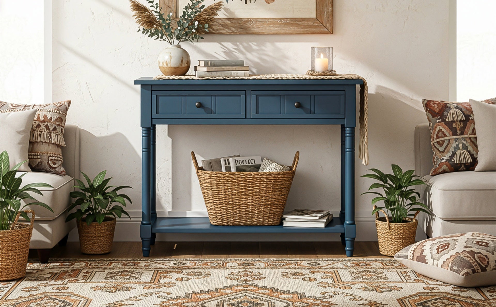 TREXM Daisy Series Console Table Traditional Design with Two Drawers and Bottom Shelf (Dark Navy)