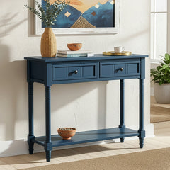 TREXM Daisy Series Console Table Traditional Design with Two Drawers and Bottom Shelf (Dark Navy)