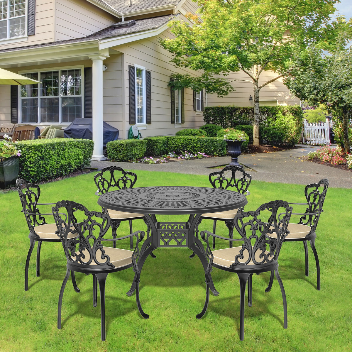 7-Piece Set Of Cast Aluminum Patio Furniture With Black Frame and Off-white Seat Cushions(same as:W1710S00096)