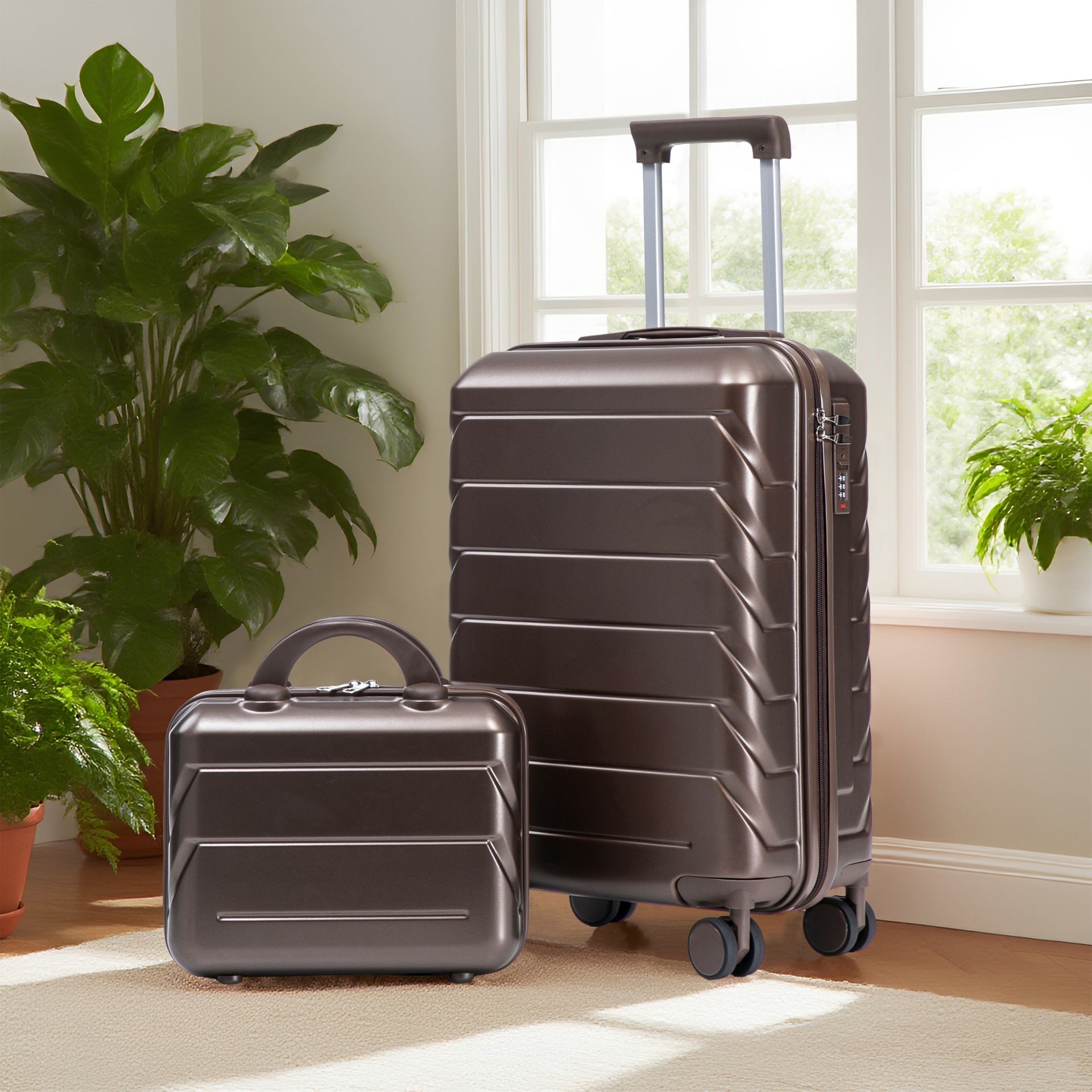 14"/20" 2 pcs/set in ABS Spinner Wheel Luggage, with Combination Lock,14" Cosmetic Case (Brown)