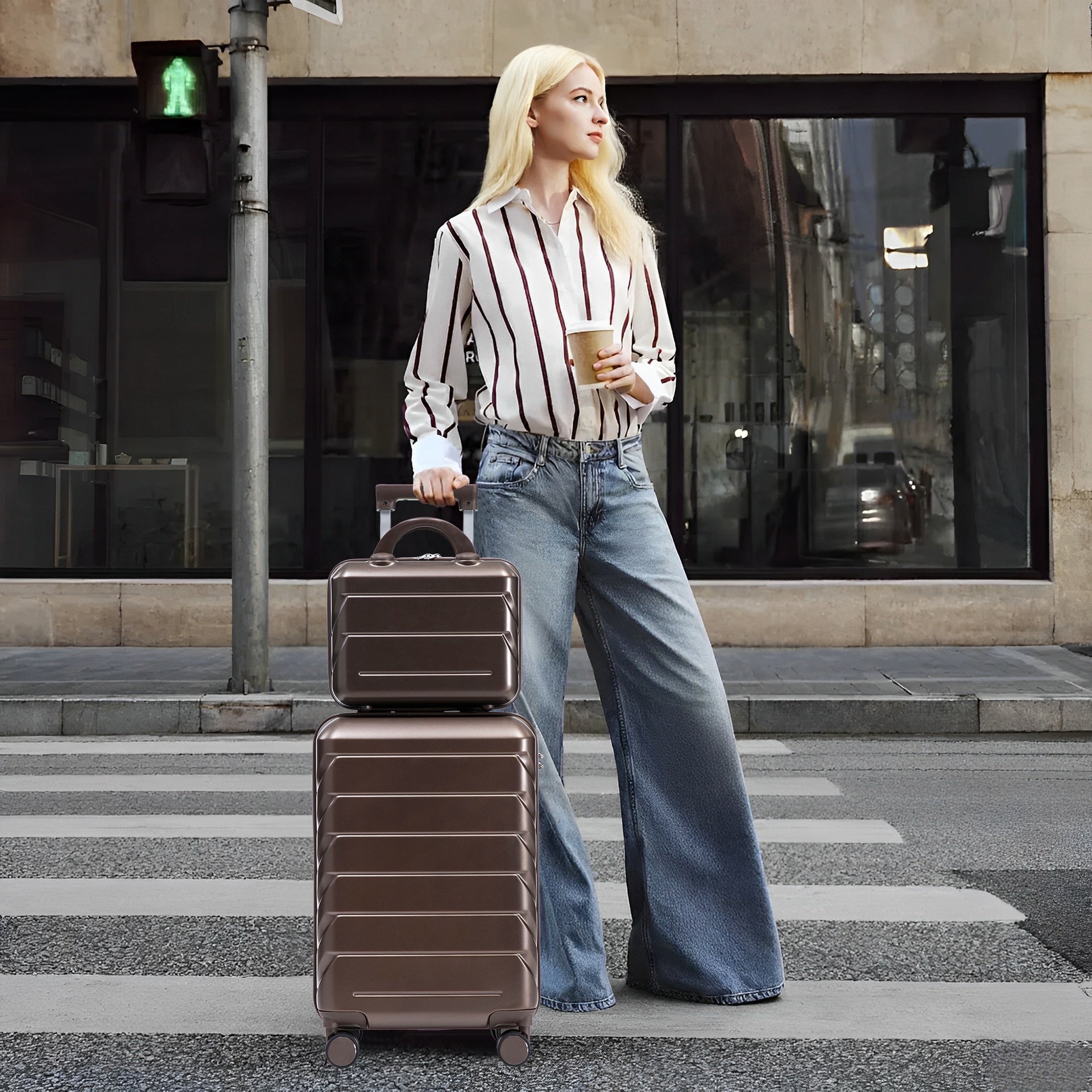 14"/20" 2 pcs/set in ABS Spinner Wheel Luggage, with Combination Lock,14" Cosmetic Case (Brown)