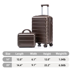 14"/20" 2 pcs/set in ABS Spinner Wheel Luggage, with Combination Lock,14" Cosmetic Case (Brown)