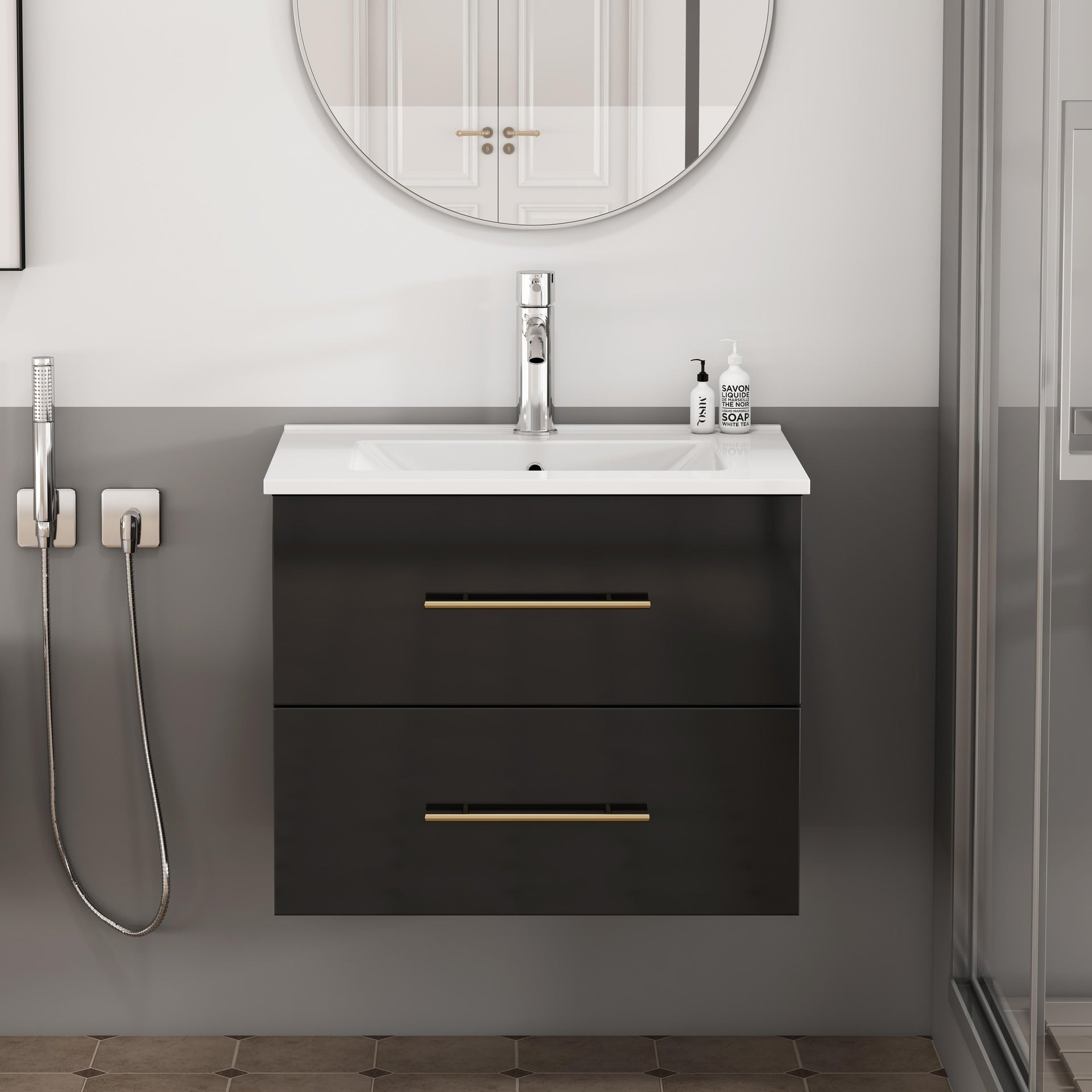24-Inch Wall-Mounted Bathroom Vanity with Sink Combo,Double Drawers, Ceramic Basin, Easy Assemble,Long Handle In Gold Metal,2 Storage Drawers,Glossy Black
