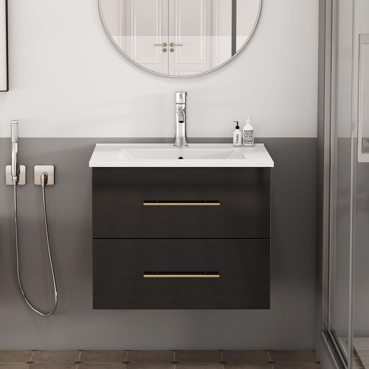 24-Inch Wall-Mounted Bathroom Vanity with Sink Combo,Double Drawers, Ceramic Basin, Easy Assemble,Long Handle In Gold Metal,2 Storage Drawers,Glossy Black