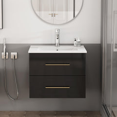 24-Inch Wall-Mounted Bathroom Vanity with Sink Combo,Double Drawers, Ceramic Basin, Easy Assemble,Long Handle In Gold Metal,2 Storage Drawers,Glossy Black