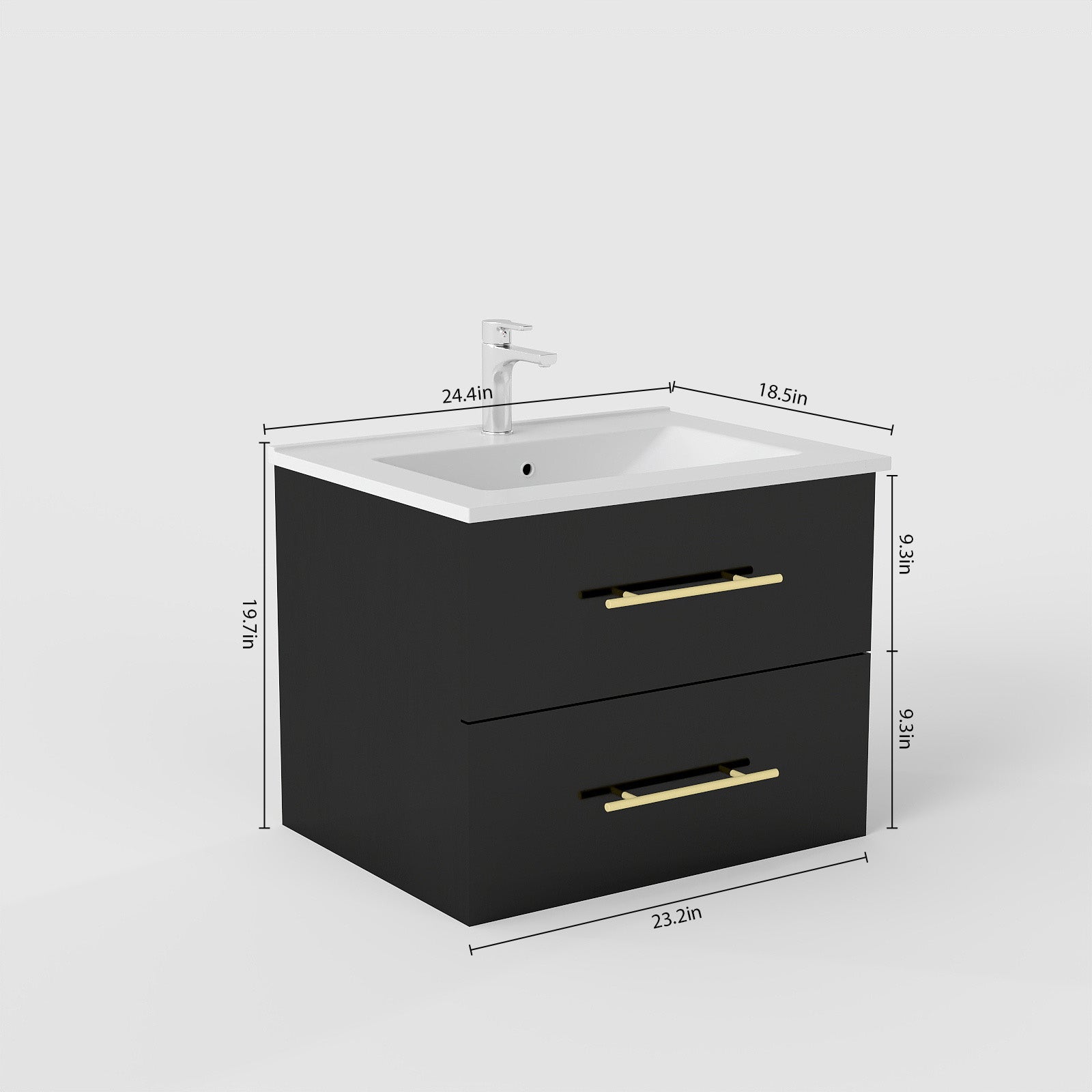 24-Inch Wall-Mounted Bathroom Vanity with Sink Combo,Double Drawers, Ceramic Basin, Easy Assemble,Long Handle In Gold Metal,2 Storage Drawers,Glossy Black